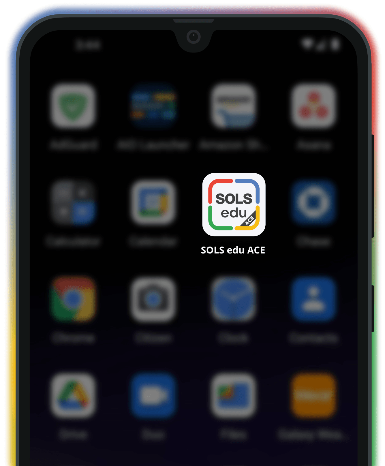 A phone home screen with the SOLS edu ACE app installed, its icon in focus among the others.